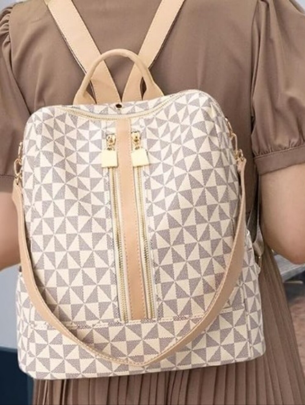 Beige Geometric Leather-like Backpack Tote - Stylish Everyday Women's Bag